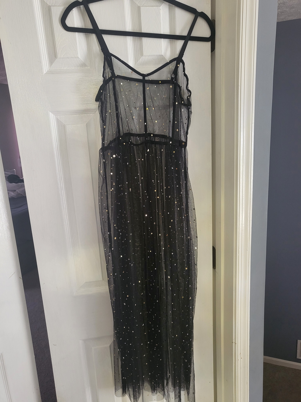 Sheer Black Tulle Maxi Dress with Gold Star Embellishments